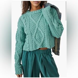Free People Green Cable Knit Crew Neck Sweater